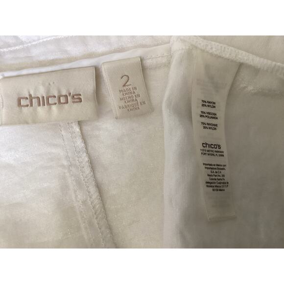 Chicos Jacket Sz 2 laminated White 3/4 Sleeve Open Front Frayed Edges - Picture 7 of 7